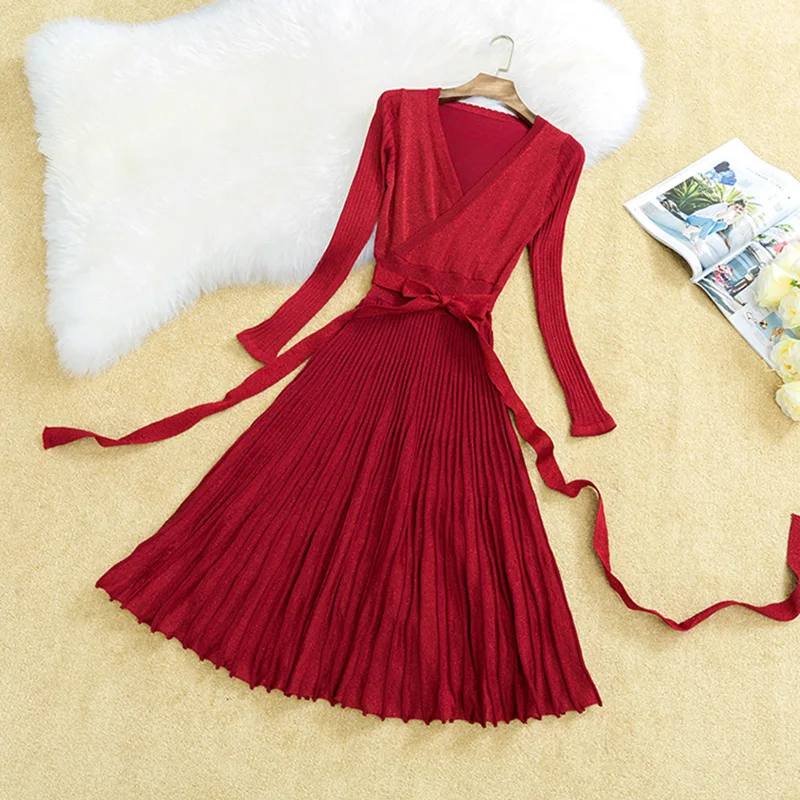 Новое поступление, яркое Плиссированное вязаное платье для женщин, элегантное платье с длинным рукавом на осень и зиму, повседневное однотонное платье трапециевидной формы с v-образным вырезом