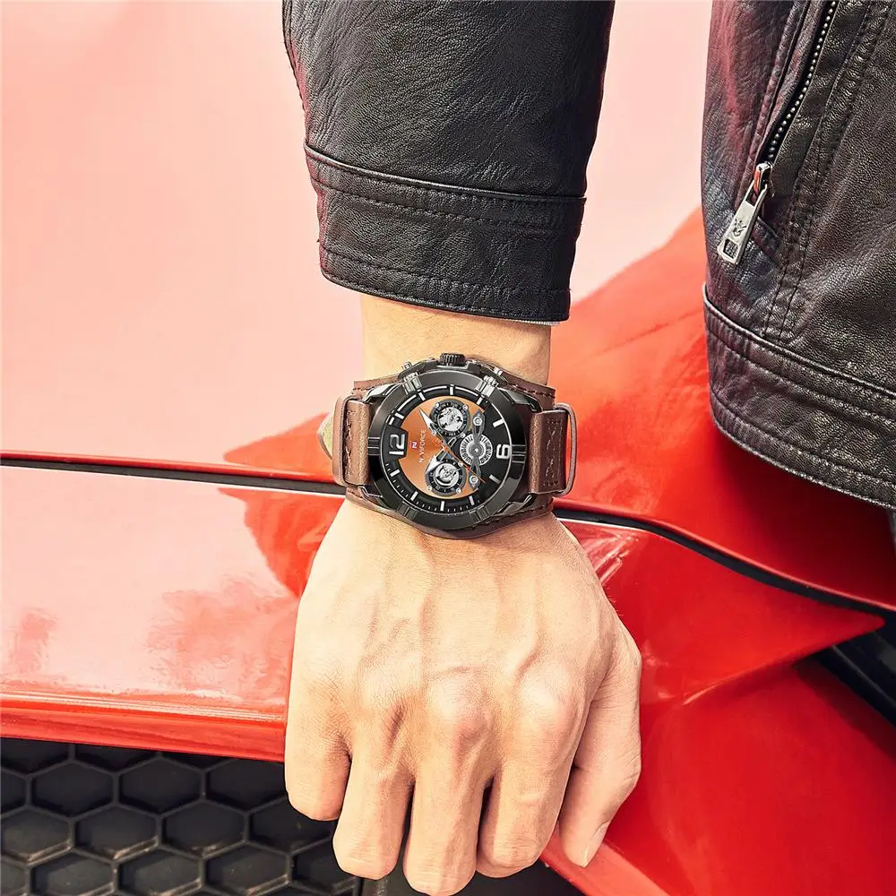 NAVIFORCE мужские часы спортивные модные кожаные кварцевые люксовый бренд 30 м