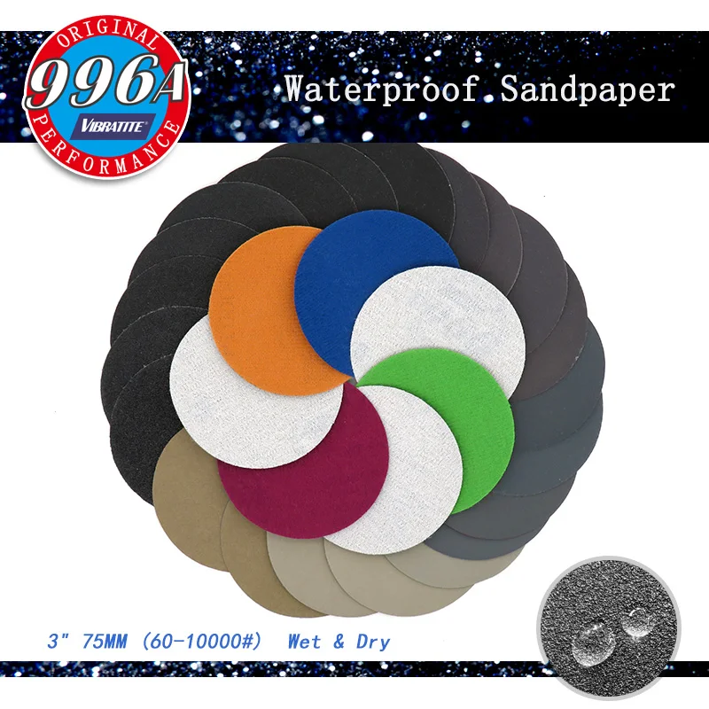 

50pcs 3 Inch 75mm Waterproof Sanding Discs Hook & Loop Silicon Carbide Sandpaper Wet/Dry 60 to 10000 Grit