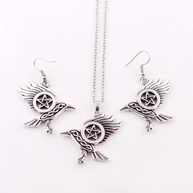 

Trendy Women Necklace And Earrings Jewelry Set Crow And Raven 3D Pattern Viking Style High Grade Zinc Alloy Provide Dropshipping