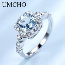 UMCHO Real S925 Sterling Silver Rings for Women Blue Topaz Ring Gemstone Aquamarine Cushion Romantic Gift