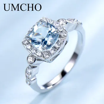 UMCHO Real S925 Sterling Silver Rings for Women Blue Topaz Ring Gemstone Aquamarine Cushion Romantic Gift Engagement Fashion Jewelry 1 item image
