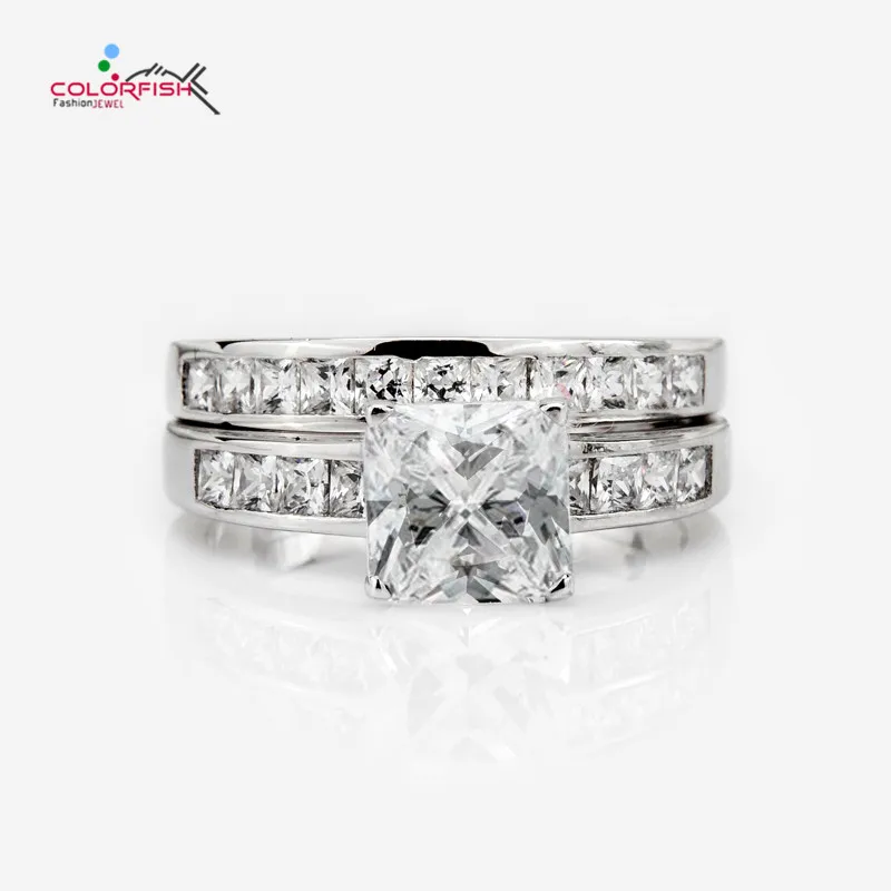 

COLORFISH 2.74 Ct Princess Cut Sona 925 Sterling Silver Bridal Ring Set For Women Classic Jewelry Wedding Engagement Ring Sets
