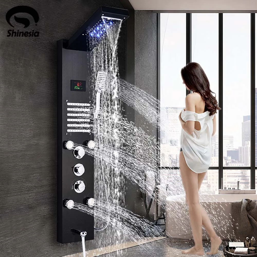 

Black/Brushed Stainless Steel 5-function Waterfall Rain Shower Panel with Massage System Tub Spout and Handshower Shower Column