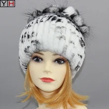 Winter Women Rex Rabbit Fur Hat With Silver Fox Fur Flowers Top Knitted Beanies Fashion Women Natural Real Fur Warm Cap