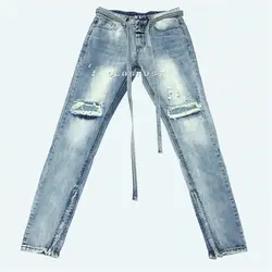 Kanye West потертые узкие джинсы с поясом светло-голубые мужские ботильоны на молнии до колена байкерские джинсы Уличная