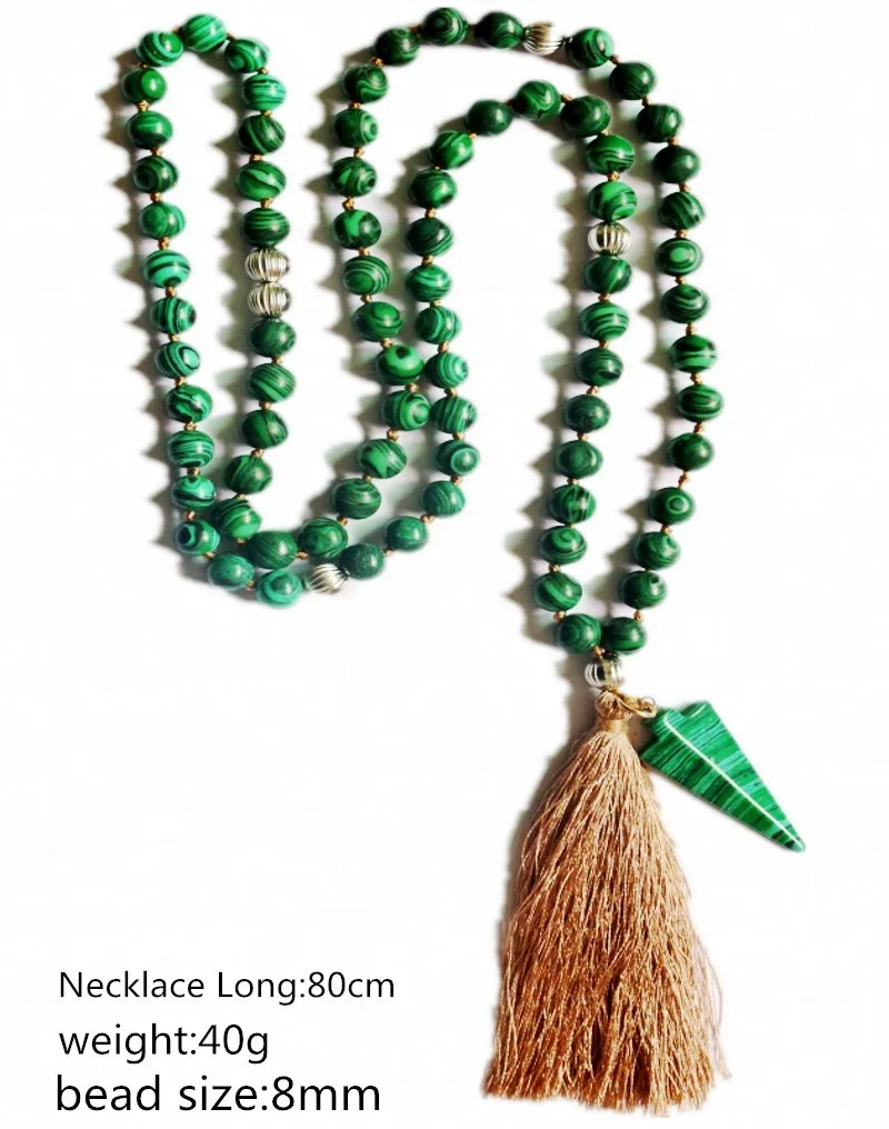 

8CM Green Malachite Stone Mala Prayer Bead Boho tassel long necklace