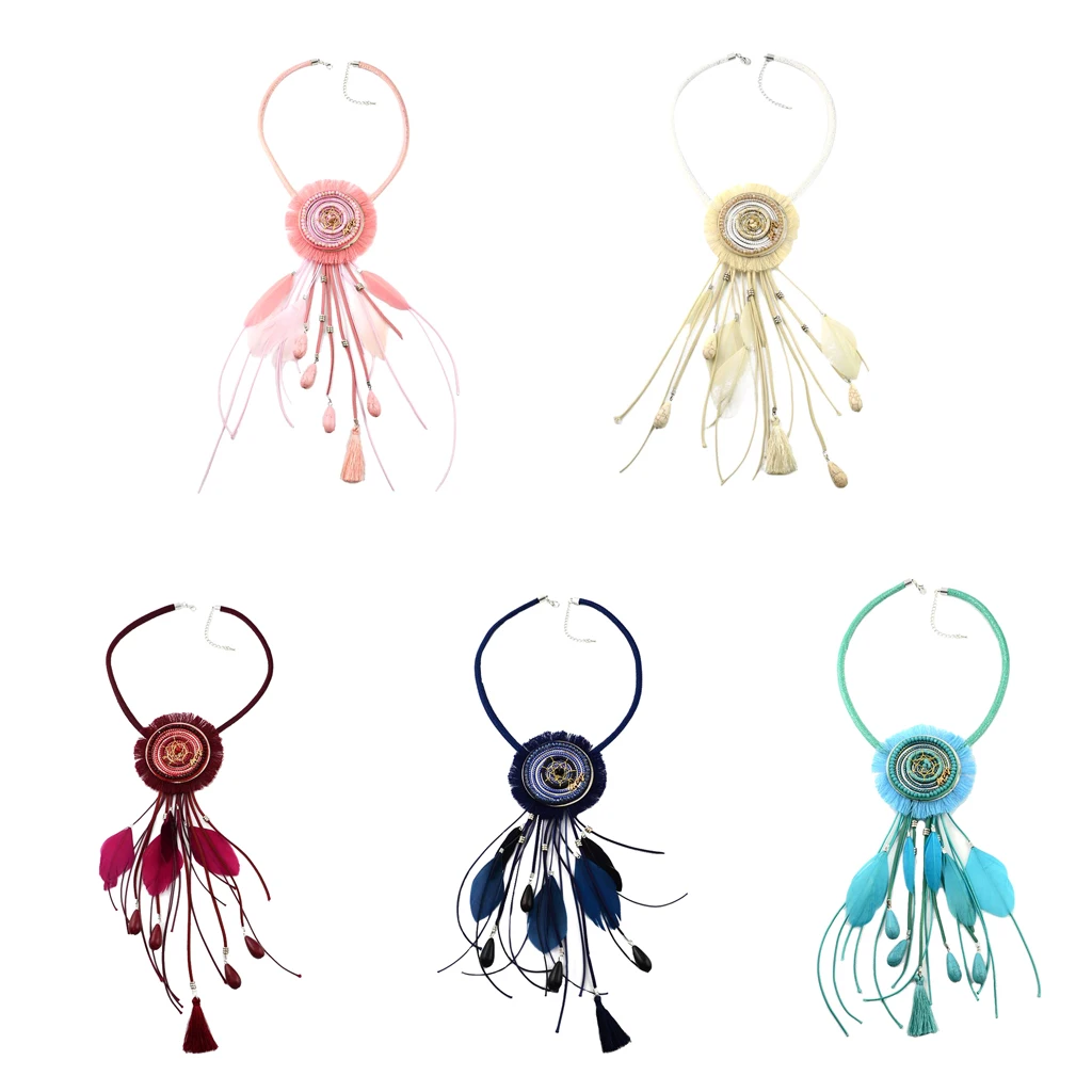 Vintage Statement Dreamcatcher India Tribe Ethnic Tassels Feather Pendant Sweater Necklace Boho Jewelry