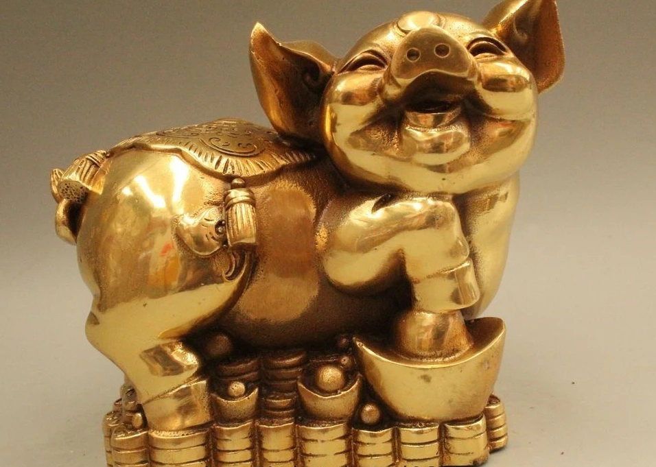 

5" Chinese Fengshui Brass Money Fu Wealth Zodiac Year Pig Chiropter Statue Sculp