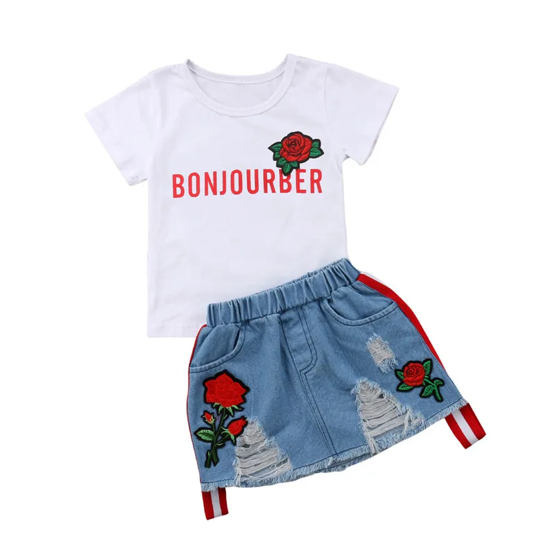Комплект одежды для маленьких девочек из 2 предметов, футболка с цветочным принтом+ разорванная юбка, летний детский комплект - Цвет: 2
