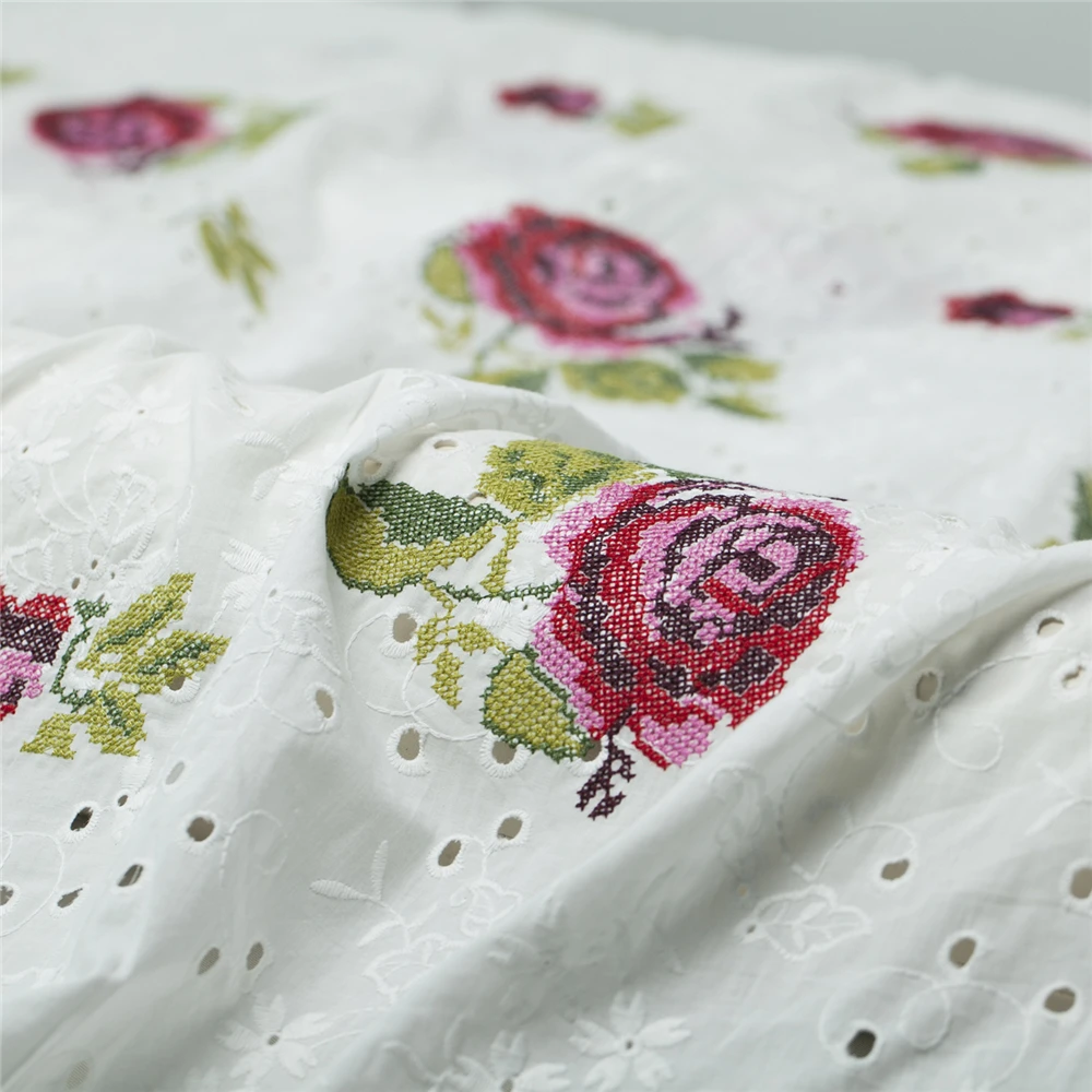 

Double embroidery rose pattern hollow pure cotton fabric, white and navy, sewing for dress, skirt, curtain, craft by the yard