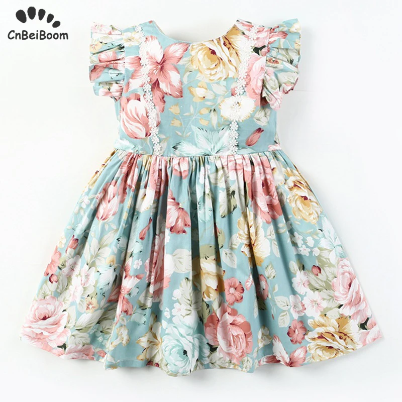 

Flower girl dress Print Baby Girls Dress Children 1-7 year Wear cotton dresses Ruffle sleeve High quality clothes