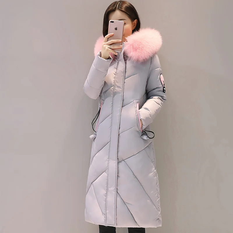 Хороший Высокое качество меховой воротник Для женщин длинные зимние пальто Теплая стеганая куртка Для женщин S Верхняя одежда Куртка casaco feminino Inverno - Цвет: GRAY