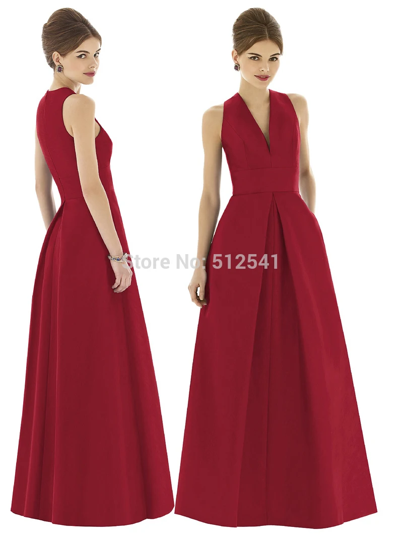 

2014 Red Formal Evening Dresses A Line V Neck Satin Ruffle Zipper Back Floor Length Sleeveless Prom Gowns yk1A885