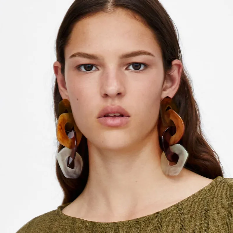 Girlgo New Za Resin Large Link Drop Earrings For Women Geometric Long Dangle Statement Earrings Fashion Party Jewelry Pendientes