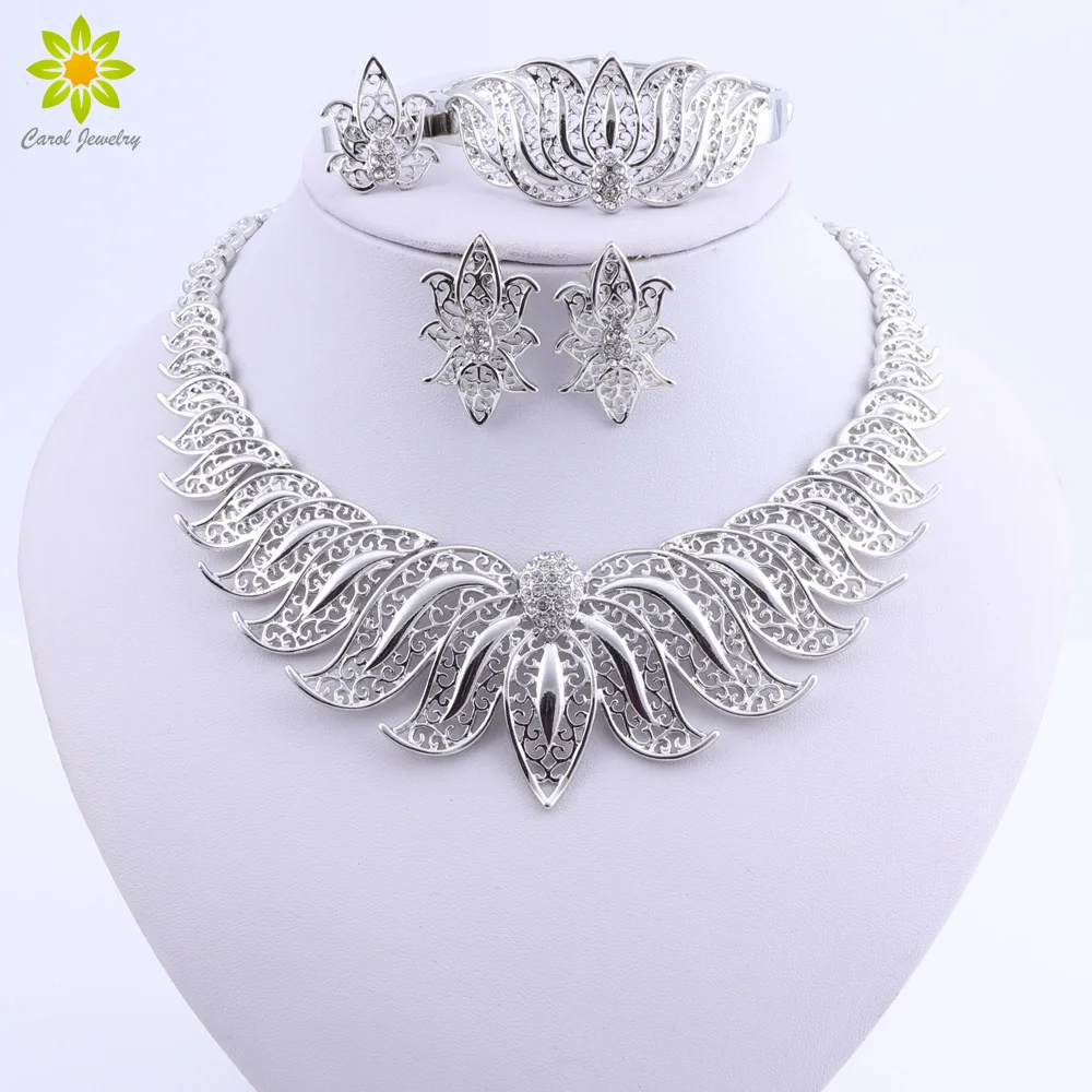 

African Beads Jewelry Set Silver Plated Wedding Jewelry Sets For Brides Crystal Necklace Earrings Costume Jewelry Set