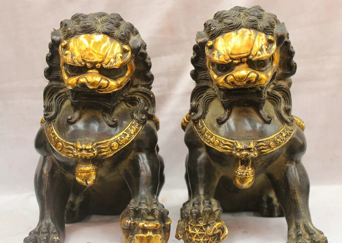 

xd 002260 Lucky Bronze Gilt Chinese Home Fengshui Guardion Lion Foo Fu Dog Statue Pair