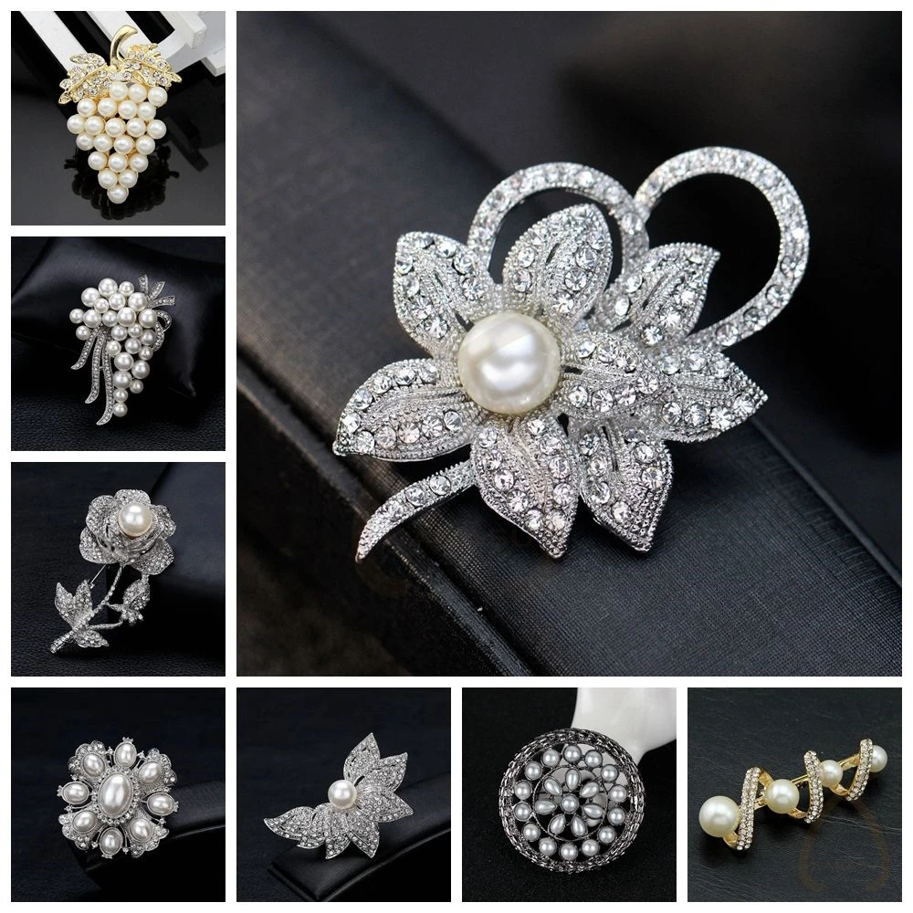 

Creative Rose Flower Grape Love Wing Brooch Pins Rhinestone Silver-color Simulated Pearl Bow Brooches for Women Jewelry