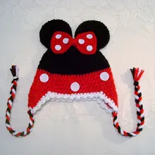 Вязаный крючком шапка с рисунком Минни Маус Детская фотография, хлопок-красный, черный с красным бантом
