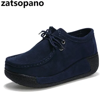 

Zatsopano New Wedge Heels Women Swing Shoes Shalllow Mouth Slip On Genuine Leather Platform Shoes Comfortable Casual Lazy Shoes