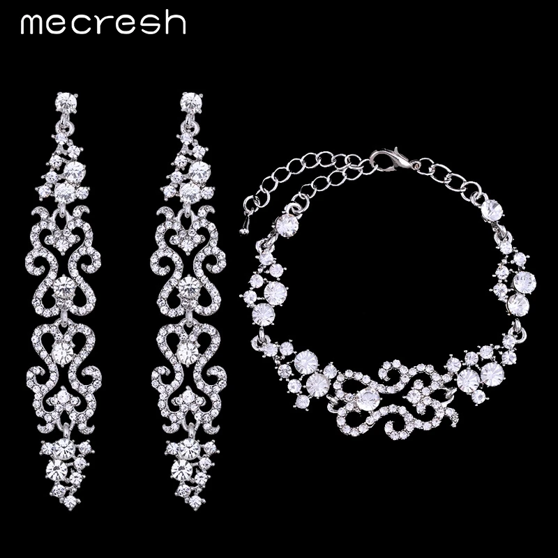 Mecresh Original Design Pattern Crystal Earrings Bracelets Bridal Jewelry Sets Silver Plated Wedding Jewelry EH193+SL023