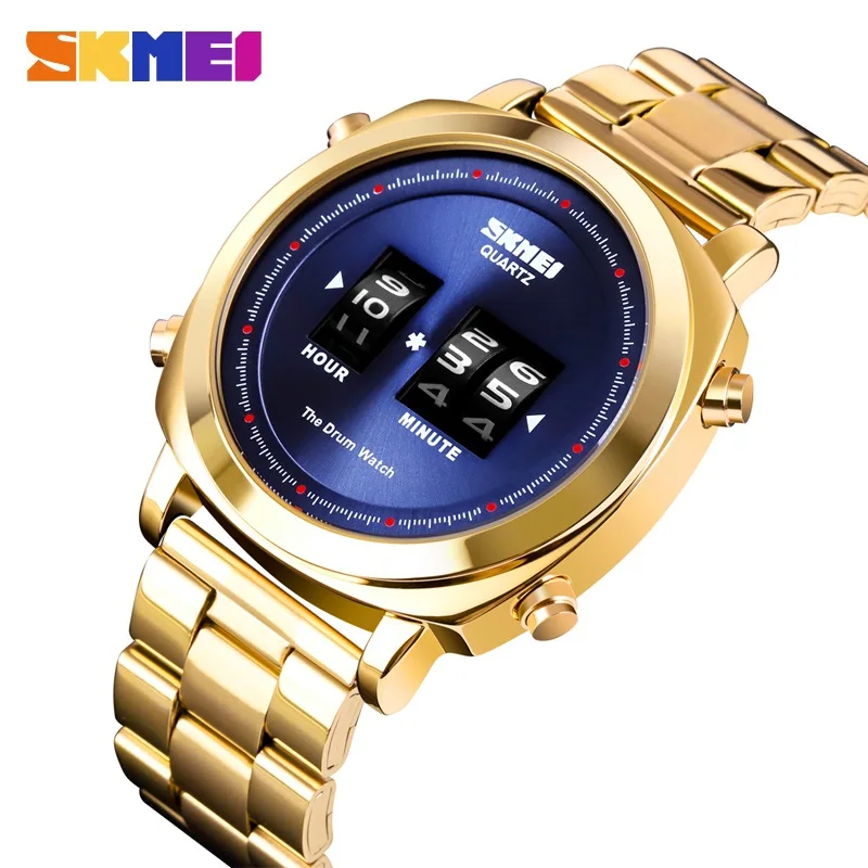 Gold blue Новые мужские кварцевые часы Лидирующий бренд SKMEI наручные часы из нержавеющей стали мужские часы деловые мужские s часы 30 м водонепроницаемый браслет мужской - Цвет: Gold blue