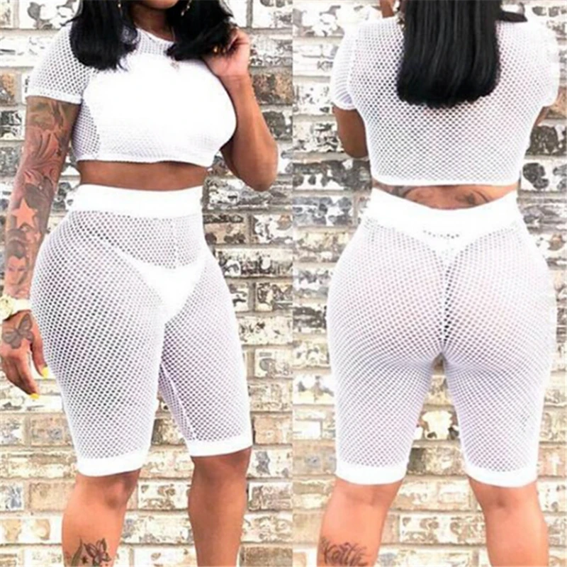 Соблазнительный Женский комплект из 2 предметов сетчатый укороченный топ и шорты