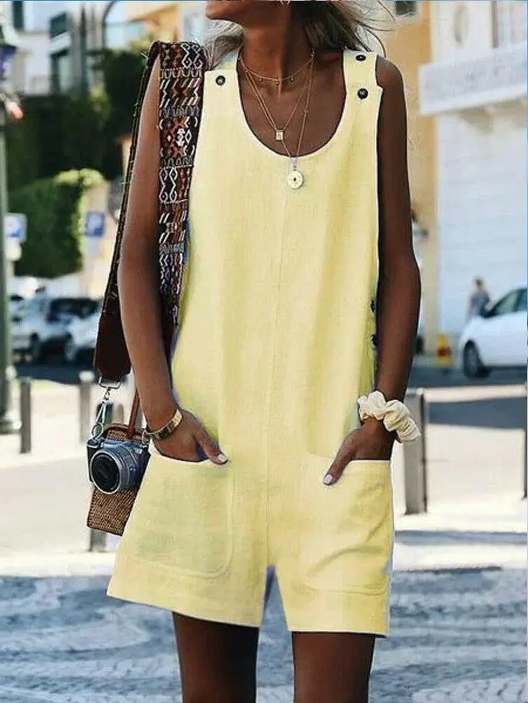 2019 Women Bodysuit Dungarees Linen Harem O-Neck Sleeveless Strap Pockets Solid Loose Jumpsuit Baggy Overall Casual Playsuit Hot