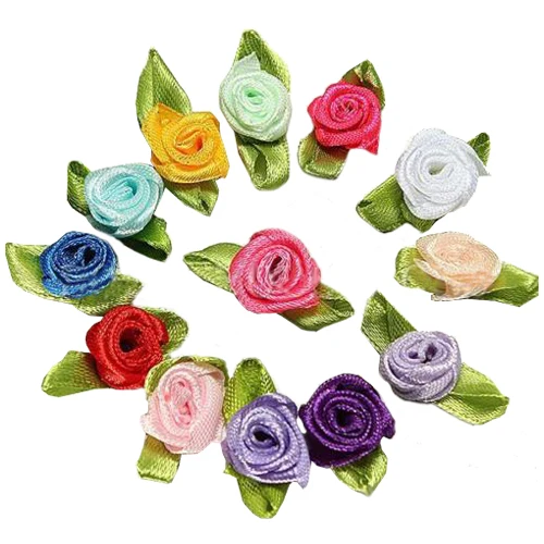 

Hot 100pcs Mini Satin Ribbon Rose Flower Leaf Wedding Decor Appliques Sewing DIY