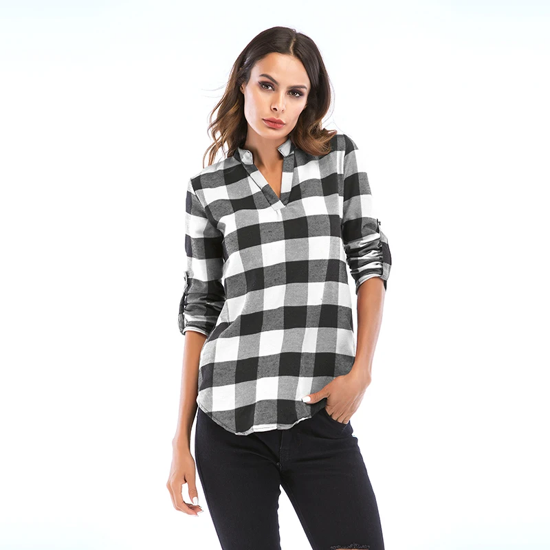 Women Brand Plaid Shirts 2018 Autumn New Long Sleeve V-Neck Blouses Lady Vintage Cotton Shirt Female Casual Tops Plus Size 6XL Blouses