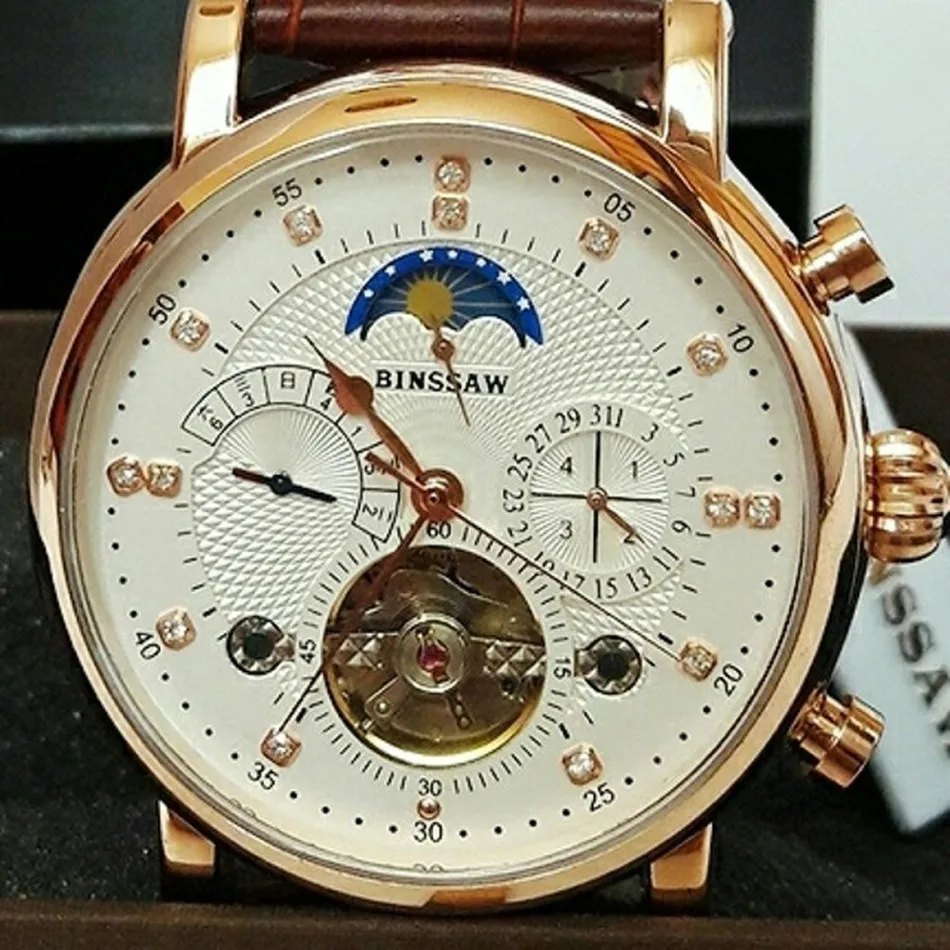 BINSSAW Мужские механические часы Топ Элитный бренд мода Tourbillon из натуральной кожи мужские спортивные часы Relógio masculino