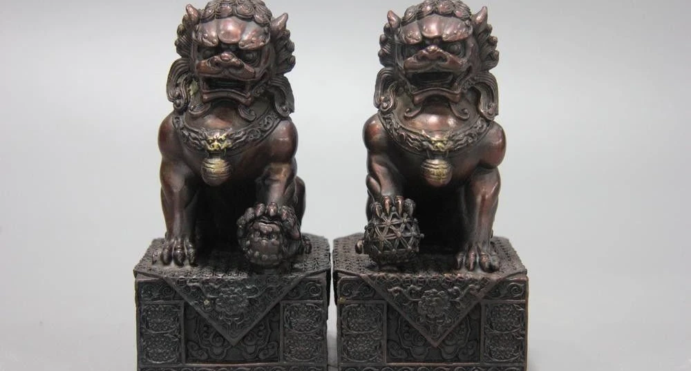 

free shipping 5" Chinese Bronze Copper Fengshui Lucky Foo Dog Door Beast Guardian Lion Statue 0217