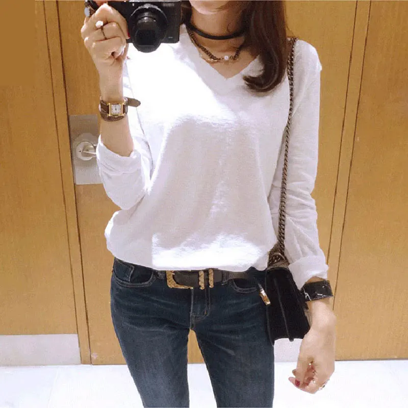 

Hot Sale Women Denim Shirts Loose Long Sleeve 2020 Autumn Spring Fashion Cotton Linen Top Women Plus Size V-Neck Blusas De Muje