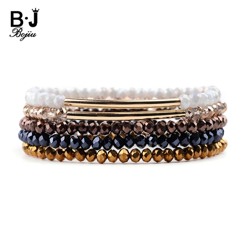 

BOJIU 5 Pcs/Set Trendy Crystal Bracelets For Women Elastic Copper Tube Natural Blue Gold White Brown Crystal Bracelet BCSET222