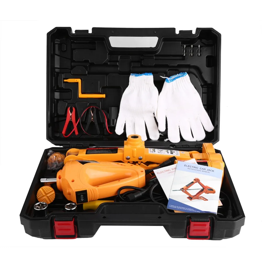 

3Ton 12V DC Automotive Electric Lifting Jack Car SUV Emergency Tools w/ Impact Wrench with Gloves Socket Adapter Screwdriver Kit