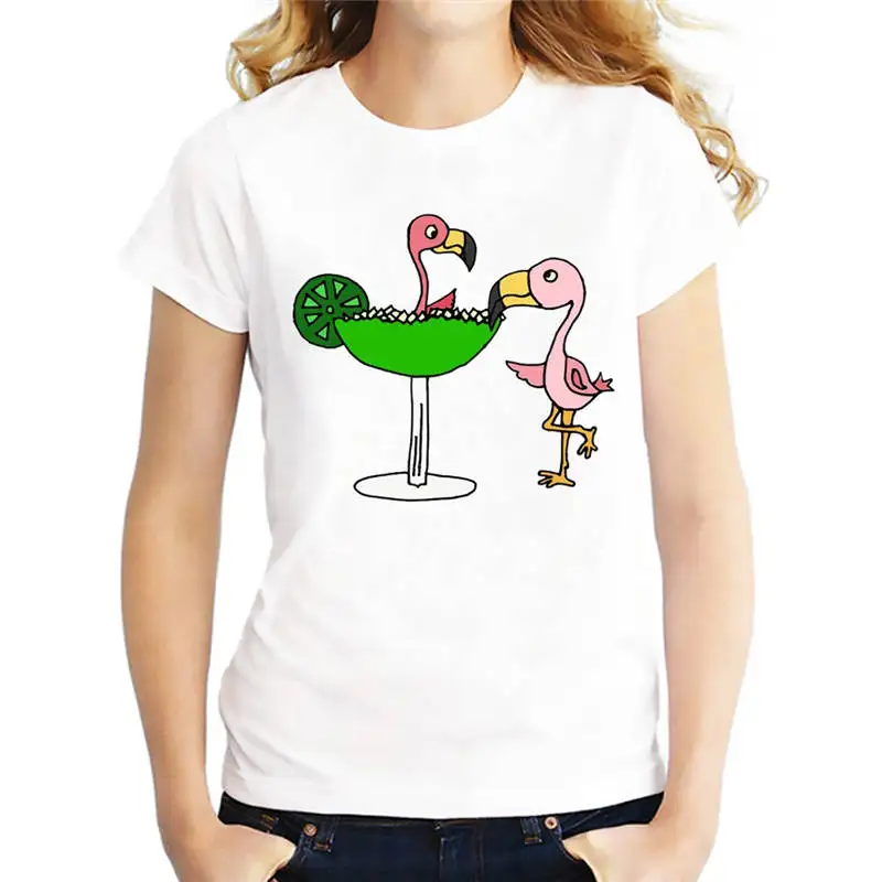 Funny Tee Shirts O Neck Flamingo Drinking Women Short Design T Shirts