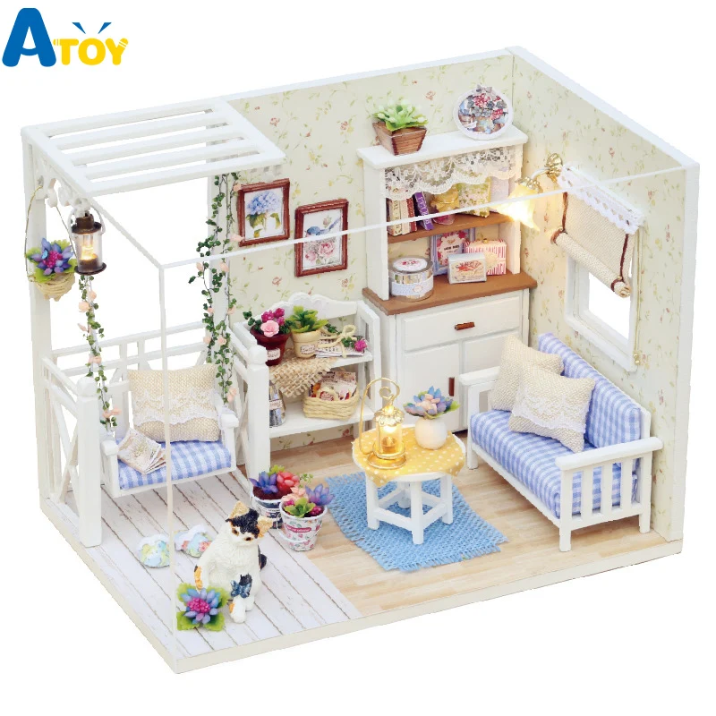 

3D DIY Wooden Doll House Handmade Mini Furniture Diy Miniature Dolhouse Dust Cover Children Gift Educational Toy Kitten Dairy