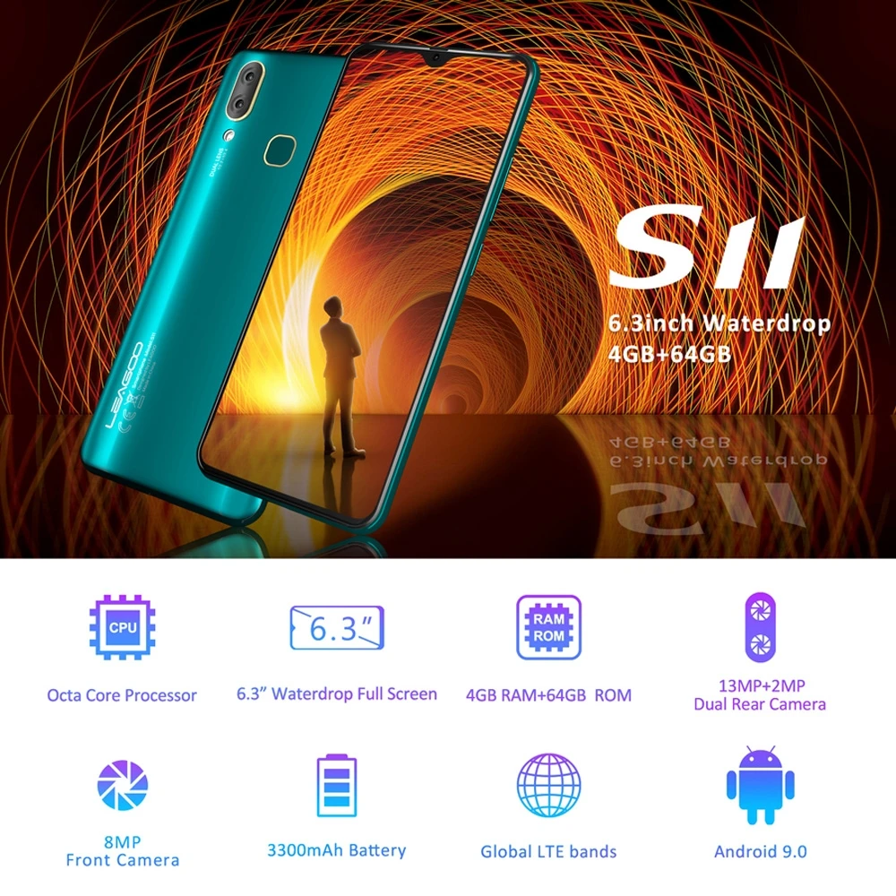  Leagoo S11 Smartphone Android 9.0 Mobile Phone 6.3'' Waterdrop Screen MT6762 Helio P22 Octa Core 4G