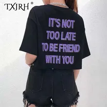 TXJRH Sexy Back Letter Print Short Sleeve Black Crop Basic Tee Stylish Streetwear O-Neck Pullover Casual Short T-Shirt Tops zip back crop tee