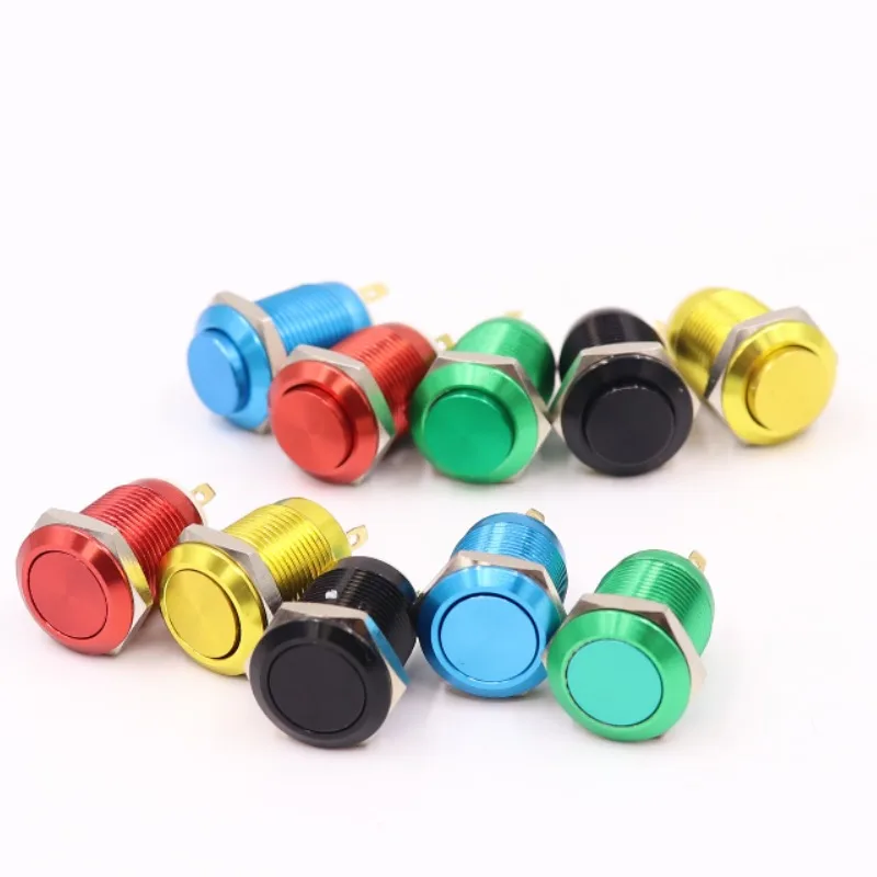 

12mm Metal Oxidized push button Switch flat high round waterproof momentary reset 1NO pin terminal red black blue Gold Green