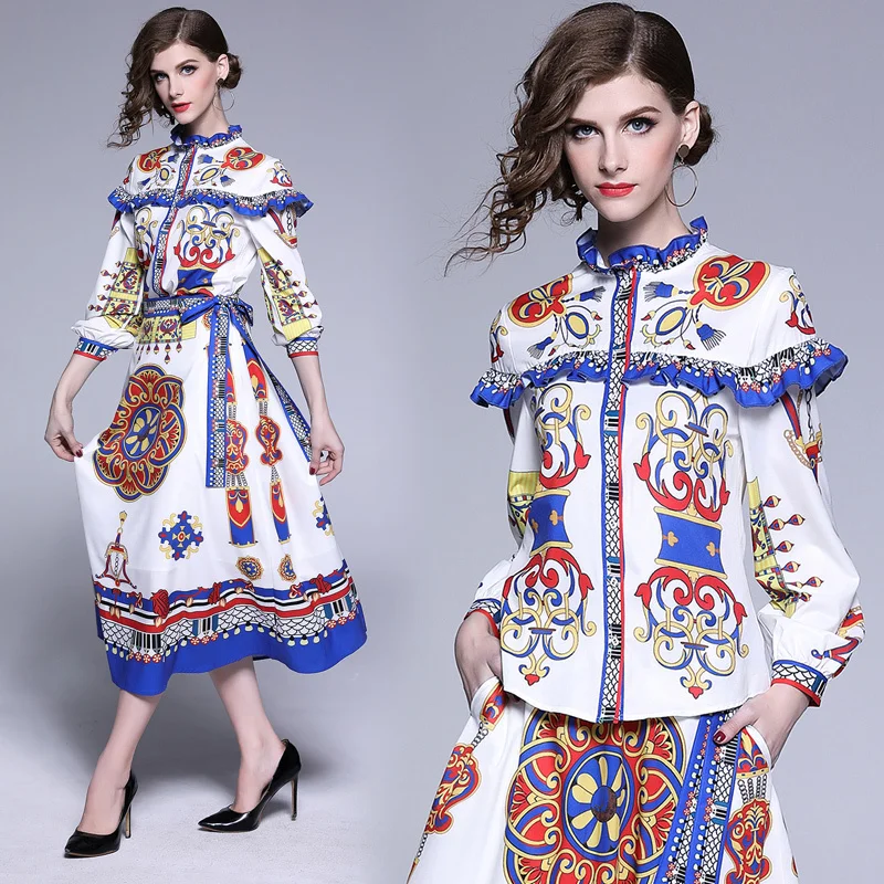 

2019 Spring Summer Fall Runway 2pcs Women Sets Floral Print Collar Sashes Long Sleeve Top Shirt Blouse + Luxury Skirt Suits