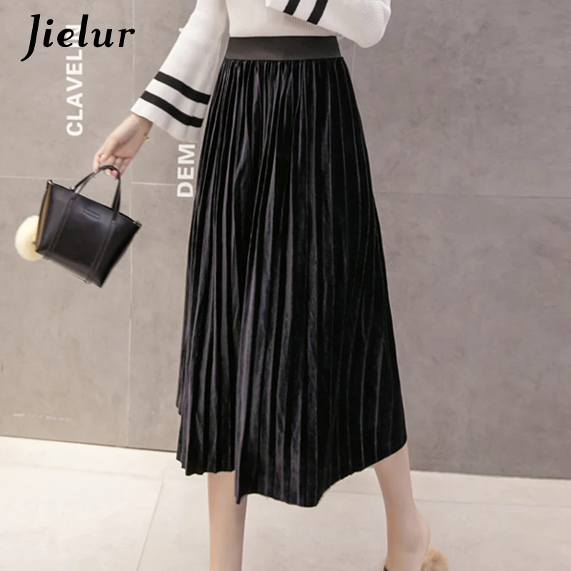 Jielur Осенние новые бархатные женские юбки в Корейском стиле модные однотонные плиссированные юбки с высокой талией простые юбка женская