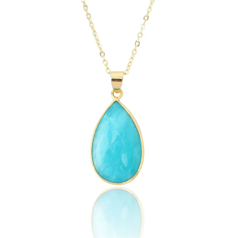 

2019 Amazonite Blue Stone Teardrop Pendant Necklace Women Gilding Dyed water drop natural stone pandent necklaces jewelry