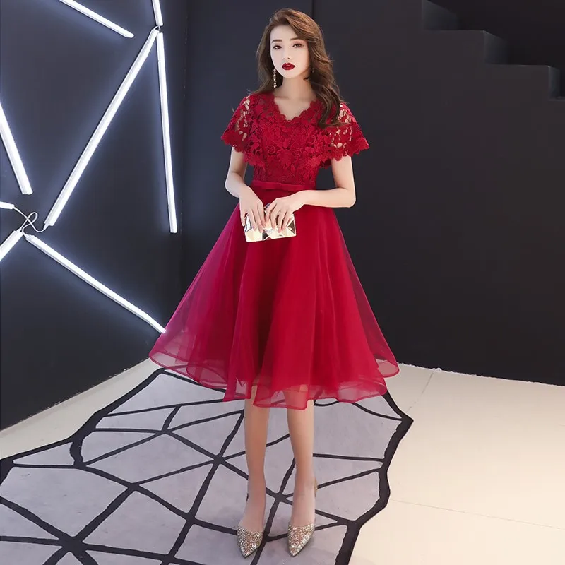 

Vestido De Festa Longo Burgundy Lace A Line Formal Evening Dress V Neck Sexy Party Gowns Chinese Bride Dresses Robe De Soiree