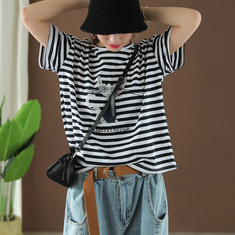 

New Summer T-shirt Fashion Women Cute Loose Pullovers New Tops O-neck Short Sleeve Striped Mori Girl Casual T-shirt 2019 Tops