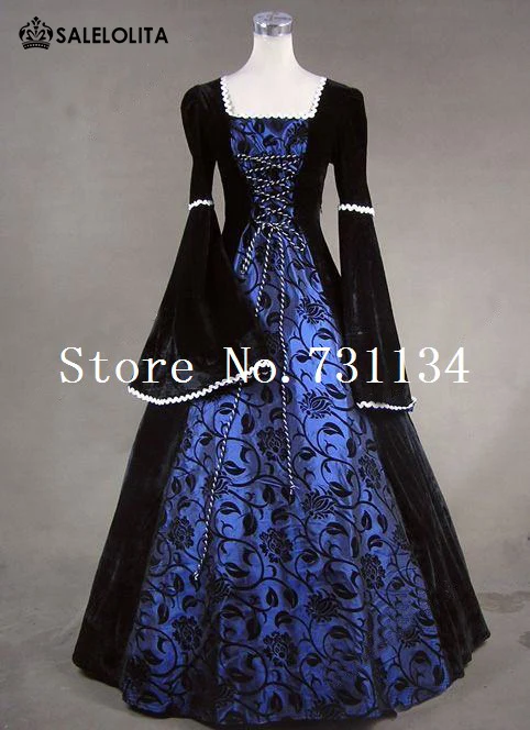 

Medieval Victorian Queen Renaissance Fair Velvet Blue Floral Print Brocade Ball Gown Dress Reenactment Clothing