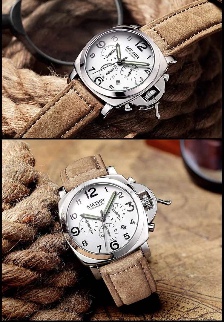 MEGIR Топ люксовый бренд relogio masculino Хронограф Календарь часы для мужчин s кожа военные спортивные часы для мужчин мужские подарок часы 3406