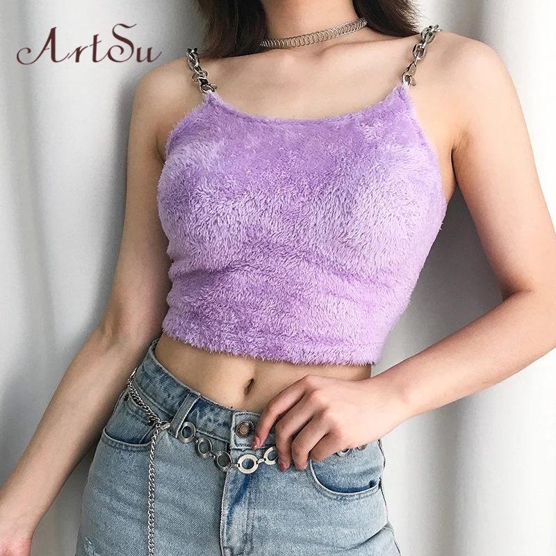 ArtSu Romantic Purple Chain Crop Top Women Off Shoulder Cute Tops Femme Summer Spaghetti Strap Mujer Camisole ASVE60008 | Женская одежда
