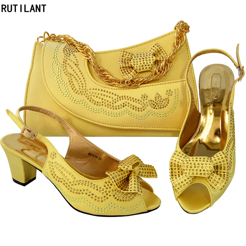 

Gold Color Italian Ladies Shoes and Bag Set Decorated with Rhinestone High Heel Shoes Shoes and Bag Set Nigerian Women Shoes Bag