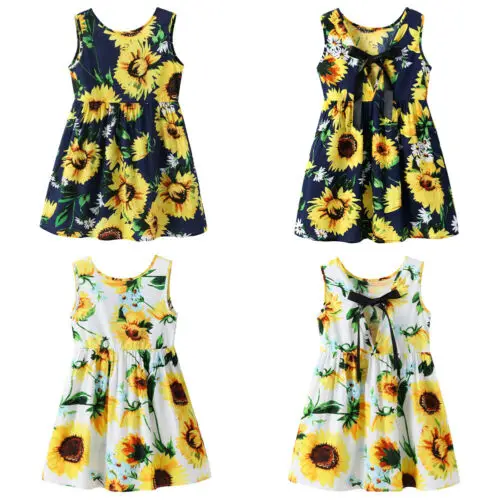 2-7Years летние девушки платья с подсолнечниками без рукавов Платье с бантом Дети Детские сарафан платье